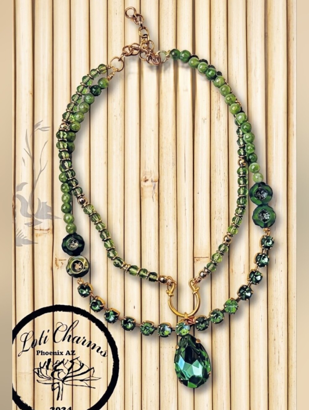 Green Crystals & Jade Pendant  Two Strand Necklace In Yellow Gold